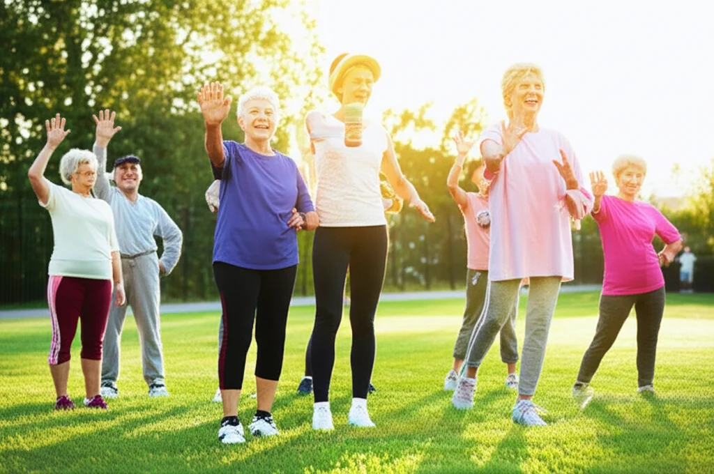 Immagine fotorealistica di un gruppo eterogeneo di persone anziane attive che partecipano a una lezione di ginnastica dolce all'aperto, luce del tardo pomeriggio, obiettivo zoom 50mm, espressioni sorridenti, colori caldi.
