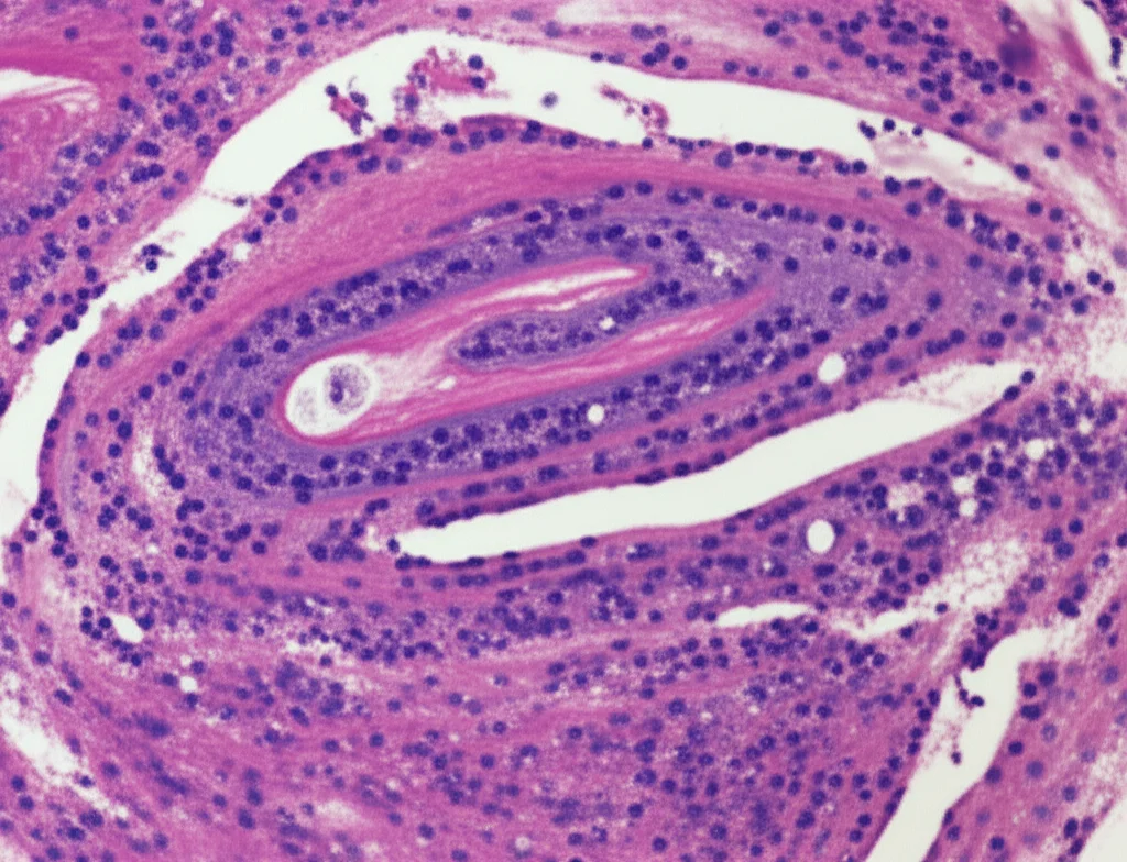 Immagine fotorealistica di un rene umano sezionato, obiettivo macro 100mm, con illuminazione da studio controllata per evidenziare in alta definizione le delicate strutture glomerulari e tubulointerstiziali. Alcune aree mostrano segni di infiammazione e fibrosi, tipici della nefropatia diabetica, con macrofagi visibili come piccole cellule infiltranti. L'immagine ha una profondità di campo ridotta per focalizzare l'attenzione su un glomerulo specifico.