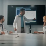 Immagine fotorealistica di un team medico multidisciplinare in una sala riunioni moderna che discute i risultati di un modello di deep learning per il cancro alla cistifellea, visualizzati su un grande schermo. Uno dei medici indica un grafico AUC. Obiettivo zoom 24-70mm, luce soffusa da finestra laterale, espressioni concentrate.