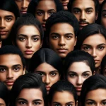Mosaico di volti umani diversi provenienti da tutto il mondo, che rappresentano la diversità culturale e religiosa globale, fotografia stile reportage, obiettivo 50mm prime lens, colori naturali, espressioni pensierose e variegate, profondità di campo media.