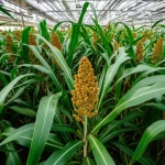 Photorealistic image of a greenhouse filled with vibrant, tall sorghum plants, landscape wide angle 24mm, sharp focus, controlled lighting.