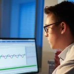 Ricercatore in laboratorio che analizza dati di sequenziamento RNA su un computer, con grafici complessi visibili sullo schermo, focus sui dati relativi al gene HKR1 nel cancro alla prostata, fotografia ritratto con lente 35mm, luce soffusa da laboratorio, profondità di campo.