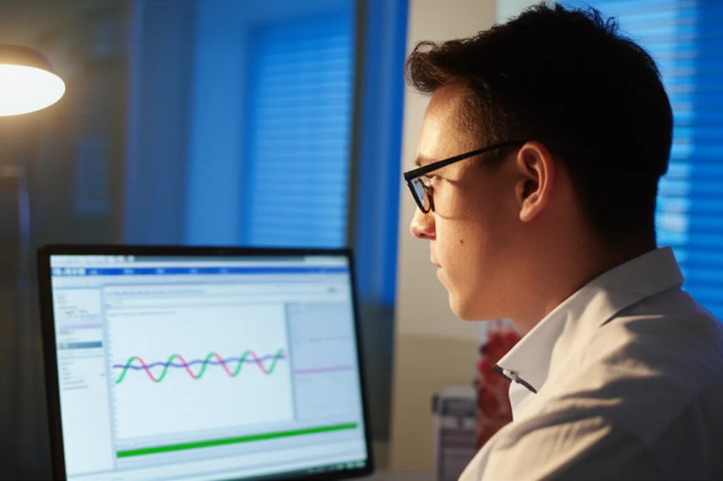 Ricercatore in laboratorio che analizza dati di sequenziamento RNA su un computer, con grafici complessi visibili sullo schermo, focus sui dati relativi al gene HKR1 nel cancro alla prostata, fotografia ritratto con lente 35mm, luce soffusa da laboratorio, profondità di campo.