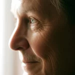Ritratto di profilo di una persona di mezza età che guarda verso la luce, con un leggero sorriso speranzoso. L'occhio in primo piano è nitido e riflette la luce esterna. Sfondo leggermente sfocato per enfatizzare il soggetto. Lente prime 50mm, profondità di campo, luce naturale laterale.