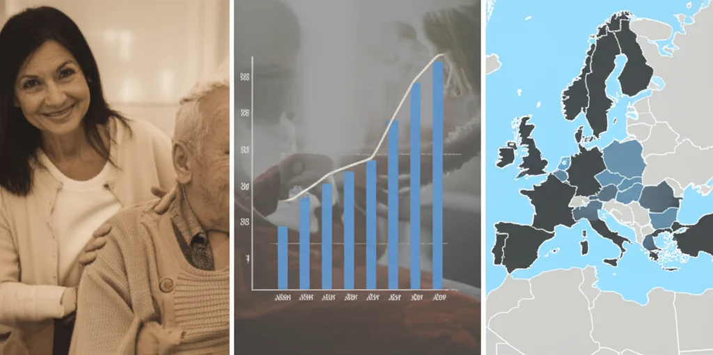 Un collage di tre immagini: a sinistra, una donna di mezza età che assiste un genitore anziano con un sorriso paziente, obiettivo prime 35mm, luce calda e intima, duotone seppia e crema; al centro, un grafico stilizzato che mostra una linea di carriera lavorativa che subisce una flessione, colori duotone blu e grigio; a destra, una mappa dell'Europa con diverse aree colorate a rappresentare i differenti regimi di welfare, obiettivo macro per dettaglio sulla mappa. L'immagine complessiva deve trasmettere la complessità dell'impatto dell'assistenza sull'impiego in Europa.
