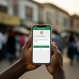 Una mano che tiene uno smartphone con un'app per l'assicurazione sanitaria ghanese aperta, mostrando opzioni come 'rinnovo' e 'trova clinica'. Sullo sfondo, una vivace scena di strada ghanese, sfocata. Obiettivo prime 50mm, profondità di campo, luce naturale calda del tardo pomeriggio.