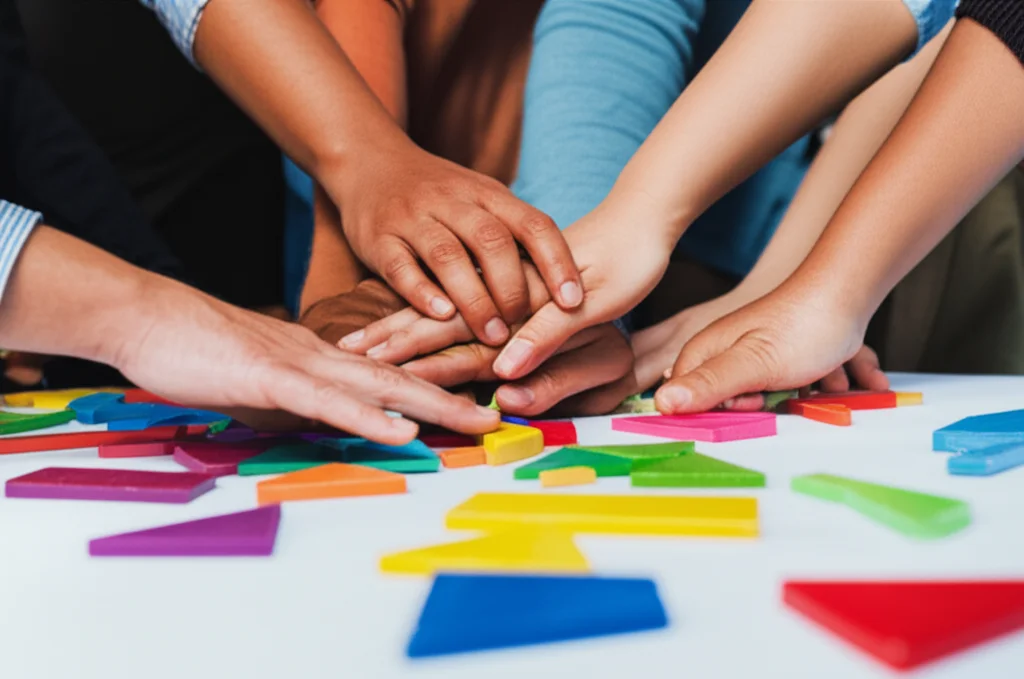 Un'immagine che simboleggia la collaborazione tra insegnanti e genitori per una didattica della matematica inclusiva e culturalmente rilevante per studenti multilingue. Potrebbe essere un primo piano di mani diverse che lavorano insieme su un problema matematico o un gruppo di adulti e bambini sorridenti in un contesto di apprendimento. Obiettivo prime da 35mm, colori caldi e accoglienti, profondità di campo.