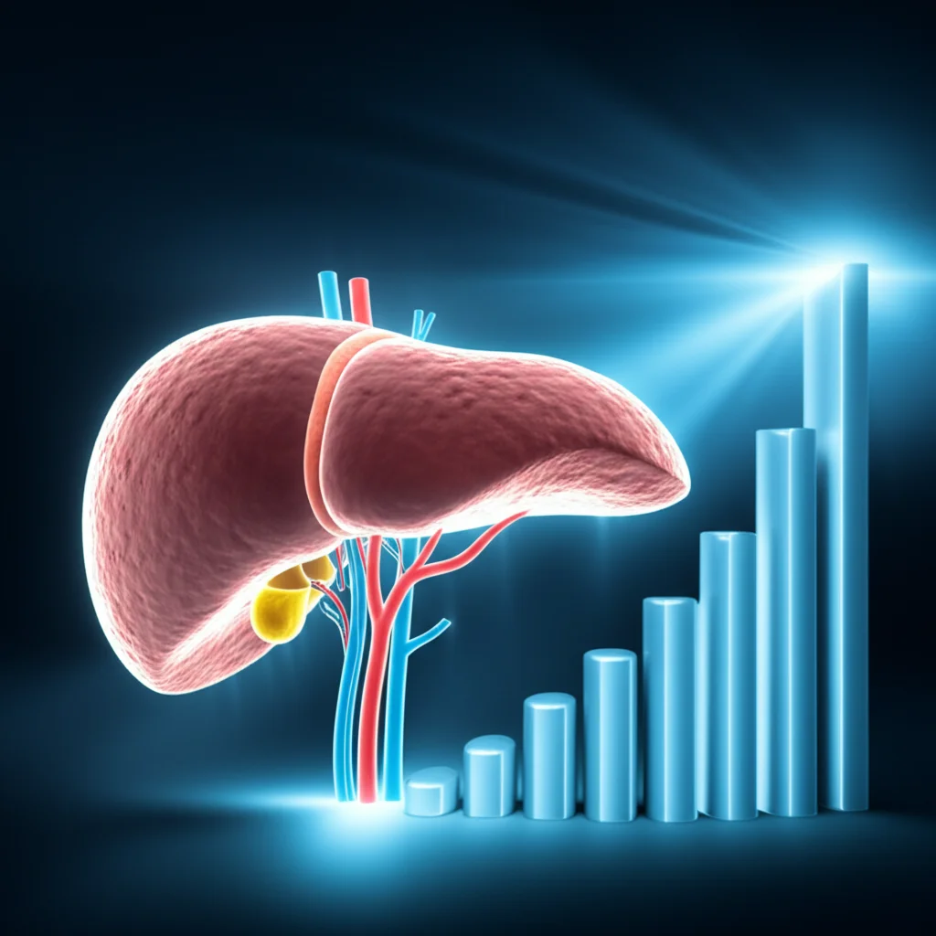 Un'immagine concettuale che mostra una milza umana stilizzata e luminosa accanto a un grafico a barre che indica un miglioramento prognostico, con un fascio di luce che li collega. Macro lens, 90mm, high detail, illuminazione drammatica con focus selettivo su milza e grafico, sfondo scuro e pulito.