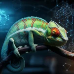 Un'immagine concettuale fotorealistica di un camaleonte digitale i cui colori e pattern della pelle si trasformano dinamicamente per rappresentare diverse strutture cristalline complesse, simboleggiando l'adattabilità dell'IA Chemeleon. L'ambiente è un laboratorio high-tech con ologrammi di formule chimiche. Obiettivo prime 35mm, profondità di campo, illuminazione drammatica con toni blu e ambra duotone.