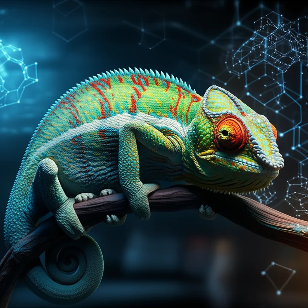 Un'immagine concettuale fotorealistica di un camaleonte digitale i cui colori e pattern della pelle si trasformano dinamicamente per rappresentare diverse strutture cristalline complesse, simboleggiando l'adattabilità dell'IA Chemeleon. L'ambiente è un laboratorio high-tech con ologrammi di formule chimiche. Obiettivo prime 35mm, profondità di campo, illuminazione drammatica con toni blu e ambra duotone.