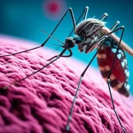 Visualizzazione artistica del concetto di biomarcatori predittivi per la dengue, prime lens 50mm, con molecole stilizzate (citochine) che emergono da un campione di sangue, profondità di campo, colori duotone ciano e magenta per rappresentare diversi esiti.
