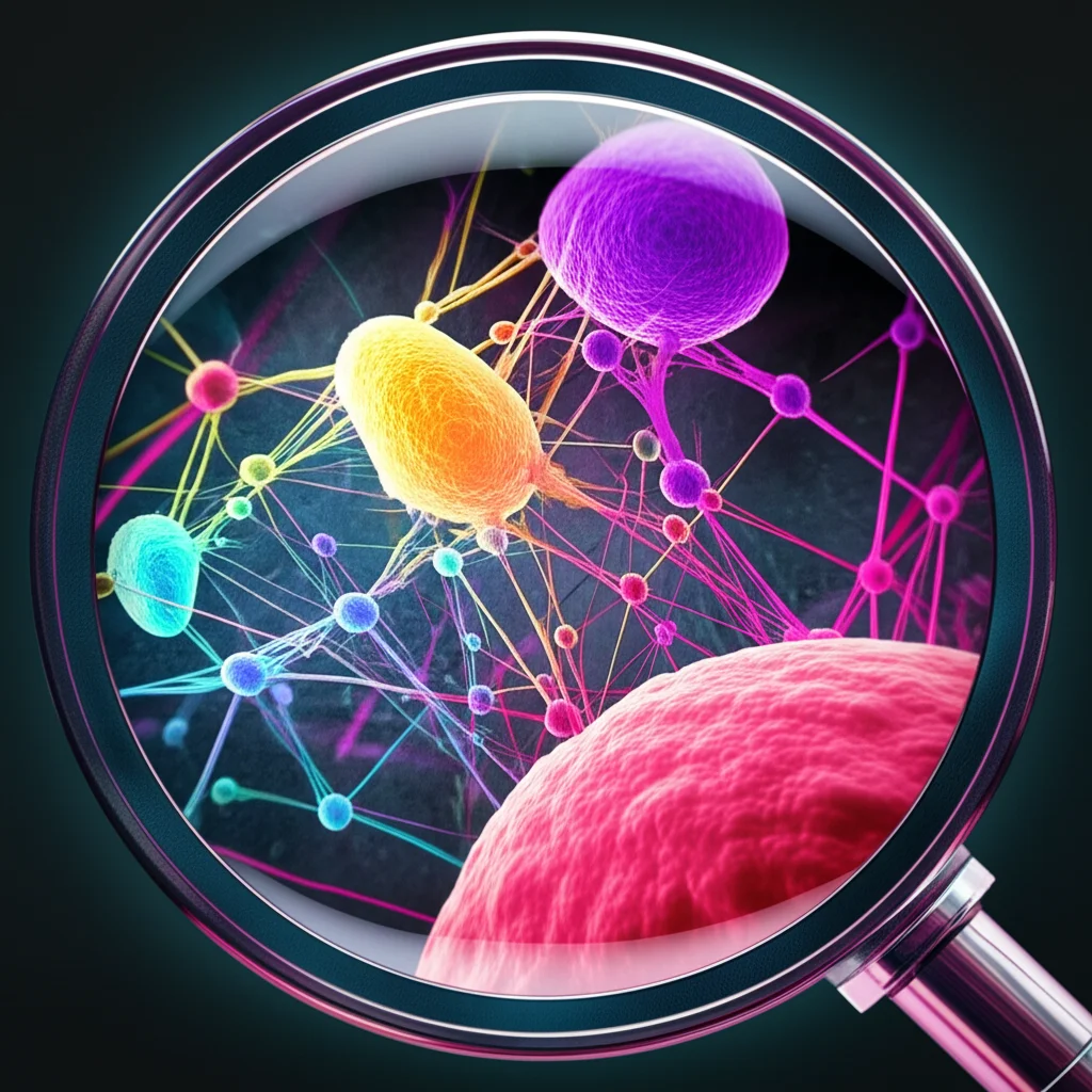 Visualizzazione artistica di una rete genica paziente-specifica per l'adenocarcinoma polmonare, con nodi luminosi rappresentanti geni e connessioni colorate che indicano co-espressione, su uno sfondo che richiama la microarchitettura del tessuto polmonare. Lente prime 24mm, profondità di campo, duotono ciano e magenta per un effetto scientifico ma accattivante, alta definizione.