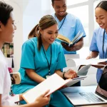 A diverse group of nursing students and educators in a bright, modern university setting, discussing cultural competence with textbooks and laptops open. Shot with a 28mm zoom lens, capturing the collaborative atmosphere with shallow depth of field.