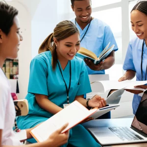 A diverse group of nursing students and educators in a bright, modern university setting, discussing cultural competence with textbooks and laptops open. Shot with a 28mm zoom lens, capturing the collaborative atmosphere with shallow depth of field.