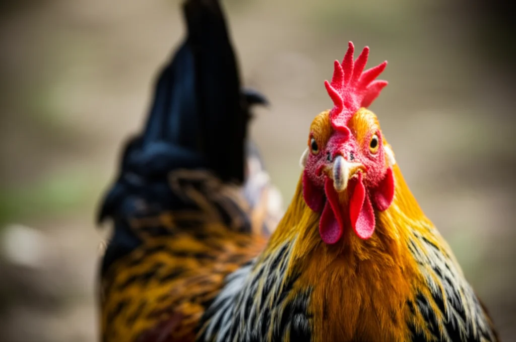 A photorealistic portrait of a healthy chicken looking directly at the camera, 35mm portrait, depth of field