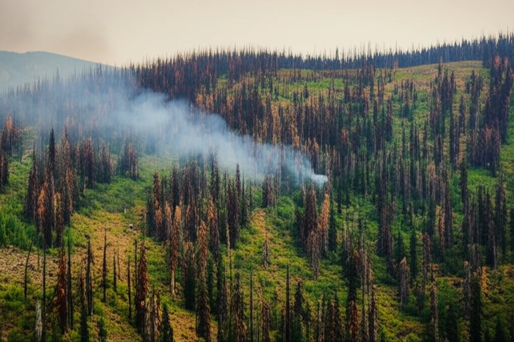 Ampia veduta paesaggistica di una foresta delle Cascade Mountains dopo un incendio, catturata con obiettivo grandangolare 10mm. L'immagine mostra un mosaico di severità: alcune aree con alberi completamente carbonizzati, altre con alberi sopravvissuti ma anneriti alla base, e zone verdi intatte. Si nota del fumo leggero che sale da alcuni punti in lontananza sotto un cielo parzialmente nuvoloso con luce drammatica. Messa a fuoco nitida su tutto il paesaggio.