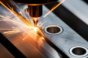 Close-up view of an AL2024-T3 aluminum specimen undergoing Electro-Discharge Machining (EDM) in a dielectric fluid bath, showing sparks between the copper tool and the workpiece surface. Macro lens, 60mm, High detail, precise focusing, controlled lighting.
