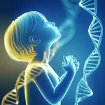 Conceptual image: A stylized, glowing human silhouette of a child taking a deep, easy breath, with subtle representations of DNA strands in the background, prime lens, 35mm, depth of field, duotone of calming blue and hopeful yellow, symbolizing relief from respiratory distress due to genetic conditions.