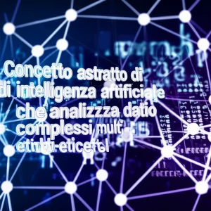 Concetto astratto di intelligenza artificiale che analizza dati complessi multi-etichetta. Rete neurale stilizzata con nodi luminosi e connessioni, sovrapposta a un flusso di etichette digitali. Obiettivo prime 35mm, profondità di campo per mettere a fuoco la rete neurale, duotone blu e viola per un look tecnologico.