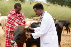 Fotografia realistica di un veterinario etiope, vestito con un camice chiaro, che interagisce con un allevatore locale in una comunità rurale. L'allevatore indossa abiti tradizionali. Sono entrambi chini su una mucca, mentre il veterinario sembra spiegare qualcosa. Sullo sfondo, si intravedono altre capre e il paesaggio tipico etiope, arido ma con vegetazione sparsa. Lente prime da 35mm, luce naturale del giorno, profondità di campo che mette a fuoco l'interazione umana e l'animale, trasmettendo un senso di collaborazione e cura. Colori vividi ma naturali.