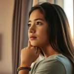 Immagine concettuale che rappresenta la soddisfazione di vita: un adolescente dall'aspetto sereno e pensieroso, di circa 16 anni, guarda verso un orizzonte luminoso da una finestra, simboleggiando speranza e benessere. Sullo sfondo, sfocati, elementi che richiamano la famiglia (una foto incorniciata) e l'amicizia (un braccialetto colorato al polso). Prime lens, 24mm, depth of field, tonalità calde e accoglienti, con un leggero effetto filmico.
