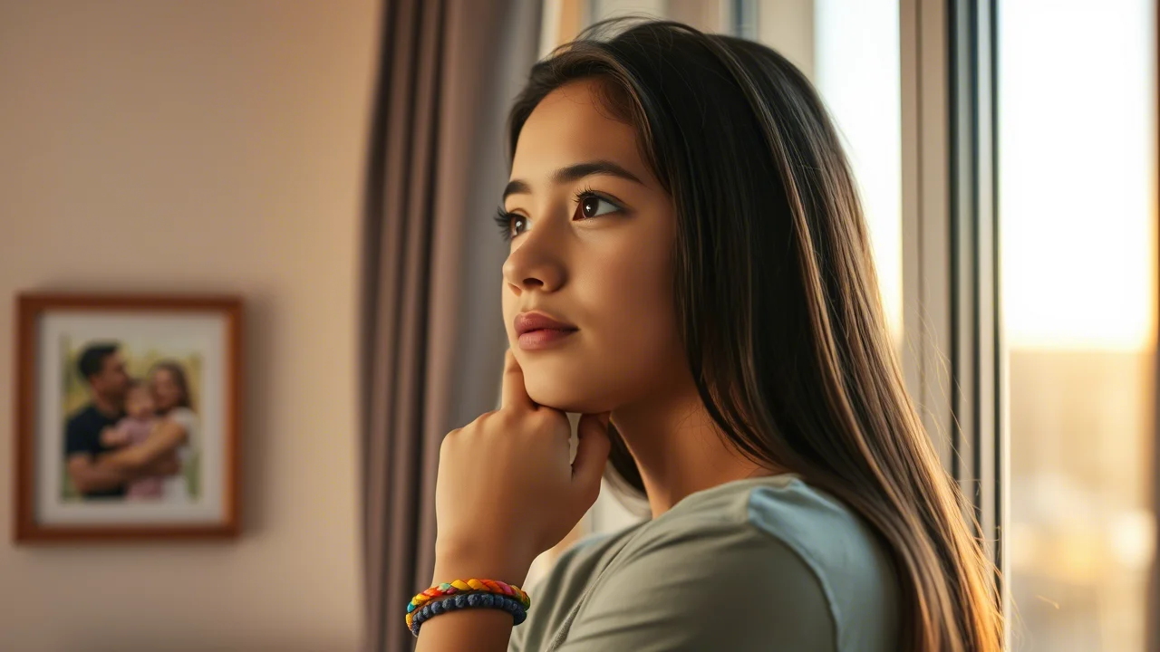 Immagine concettuale che rappresenta la soddisfazione di vita: un adolescente dall'aspetto sereno e pensieroso, di circa 16 anni, guarda verso un orizzonte luminoso da una finestra, simboleggiando speranza e benessere. Sullo sfondo, sfocati, elementi che richiamano la famiglia (una foto incorniciata) e l'amicizia (un braccialetto colorato al polso). Prime lens, 24mm, depth of field, tonalità calde e accoglienti, con un leggero effetto filmico.