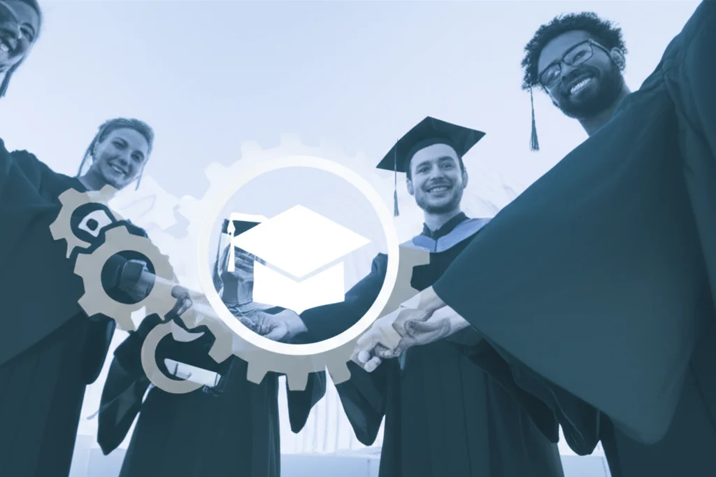 Immagine concettuale di studenti laureati impegnati in una discussione costruttiva sull'impegno civico, con simboli di comunità e cambiamento sociale sullo sfondo. Obiettivo prime 35mm, duotone blu e grigio, profondità di campo.