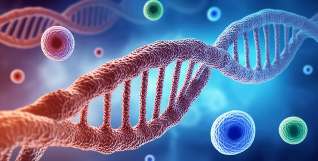 Immagine concettuale fotorealistica che mostra una doppia elica di DNA intrecciata con particelle di ferro stilizzate (rosse ruggine) e cellule immunitarie astratte (blu e verdi luminose), obiettivo prime 35mm, illuminazione drammatica con toni blu e arancioni duotone, profondità di campo per evidenziare la sinergia tra genetica, ferro e immunità nella ricerca sul cancro al seno.