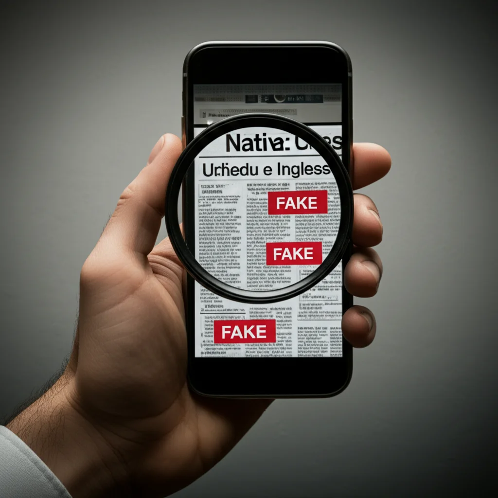 Immagine concettuale fotorealistica: una lente d'ingrandimento tenuta da una mano sopra uno schermo di smartphone che mostra notizie in diverse lingue (Urdu e Inglese visibili), alcune etichettate come 'FAKE' in rosso. Illuminazione drammatica stile film noir, obiettivo 35mm, profondità di campo che sfoca leggermente lo sfondo.