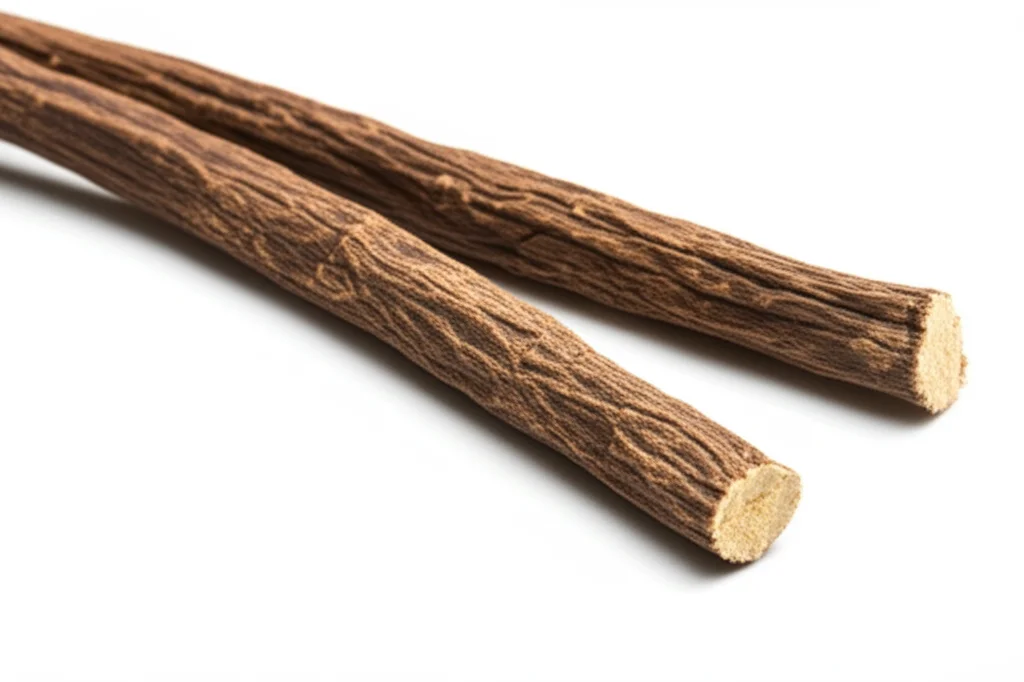 Primo piano di una radice di liquirizia (Glycyrrhiza inflata) con una rappresentazione stilizzata di istoni e DNA che mostrano il processo di acetilazione, obiettivo macro 100mm, alta definizione, illuminazione controllata per evidenziare la texture della radice e i dettagli molecolari.