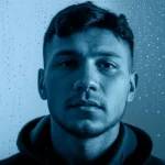Un giovane adulto dall'aria stanca ma resiliente guarda fuori da una finestra bagnata dalla pioggia, simboleggiando le sfide e la forza interiore dei giovani caregiver. Luce naturale soffusa, 35mm portrait, depth of field, duotone blu freddo e grigio, con gocce di pioggia a fuoco sulla finestra.