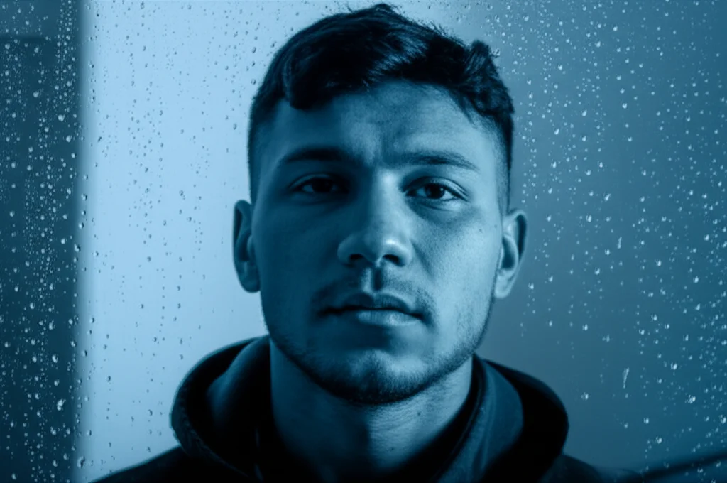Un giovane adulto dall'aria stanca ma resiliente guarda fuori da una finestra bagnata dalla pioggia, simboleggiando le sfide e la forza interiore dei giovani caregiver. Luce naturale soffusa, 35mm portrait, depth of field, duotone blu freddo e grigio, con gocce di pioggia a fuoco sulla finestra.