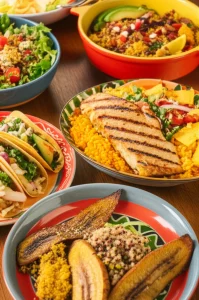 Un tavolo vivace apparecchiato con una varietà di piatti colorati rappresentativi delle diverse cucine ispaniche/latine (tacos, riso e fagioli, platano fritto, insalata di quinoa, pesce alla griglia). Luce calda e controllata che mette in risalto le texture dei cibi, obiettivo macro 85mm, alta definizione, focus selettivo su un piatto centrale.
