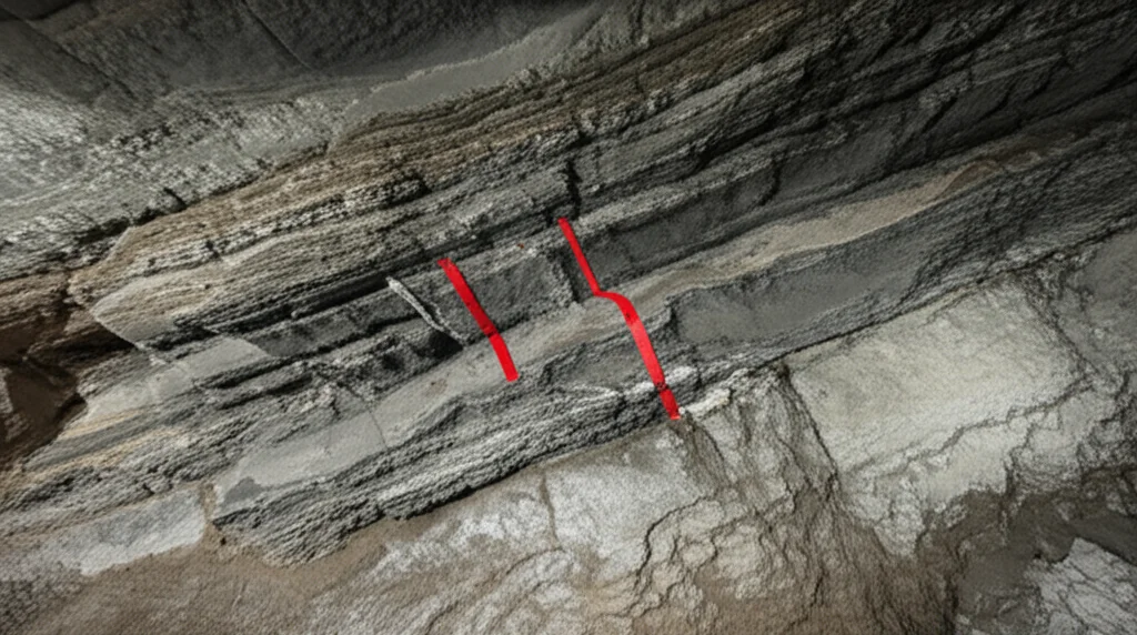 Un'immagine fotorealistica di una sezione trasversale di una galleria sotterranea che mostra chiaramente diverse strutture geologiche come faglie e strati di roccia, con indicazioni di zone di potenziale rockburst. Lente grandangolare, 18mm, messa a fuoco nitida, illuminazione drammatica per evidenziare le texture della roccia.