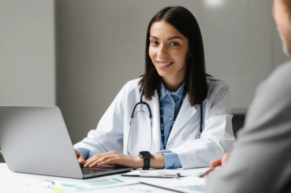 Un'infermiera specializzata in diabetologia, con un'espressione professionale e rassicurante, mentre effettua una consulenza di telemedicina con un paziente visibile sullo schermo di un laptop. L'ambiente è un ambulatorio moderno e ben illuminato. Prime lens, 35mm, colori naturali con una leggera enfasi sui toni caldi, profondità di campo per mettere a fuoco l'infermiera e il laptop, sfondo leggermente sfocato.