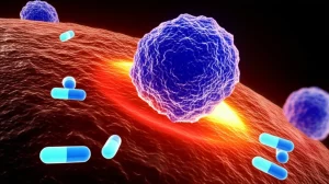 Visualizzazione artistica e fotorealistica di una cellula di cancro al colon con la proteina COX-2 evidenziata in rosso brillante sulla sua superficie, mentre molecole di farmaci chemioterapici (in blu) tentano di attaccarla. L'immagine trasmette il concetto di interazione e resistenza. Obiettivo macro 60mm, illuminazione controllata per dettagli nitidi, sfondo scuro per far risaltare il soggetto, con un leggero effetto "film noir" per intensificare il dramma della lotta.
