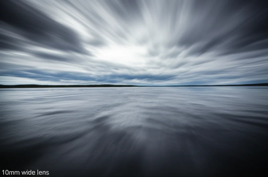 Wide-angle landscape photo of a vast freshwater lake under a turbulent sky, illustrating the impact of climate change on large water bodies. 10mm wide angle lens, long exposure for dramatic clouds.