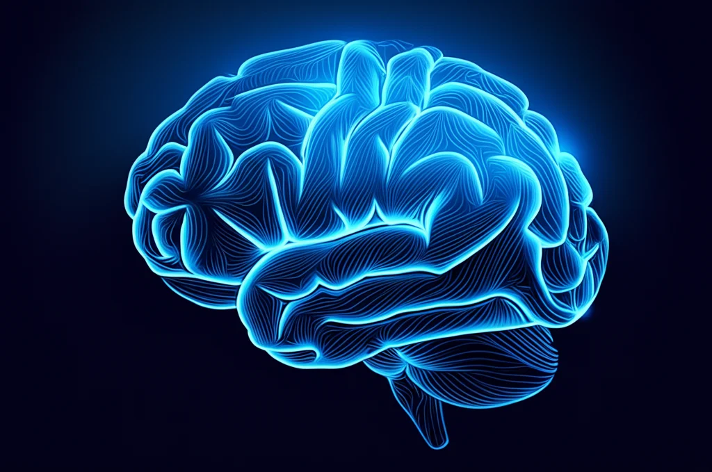 Immagine concettuale di un cervello umano digitale stilizzato, con pattern frattali luminosi che si irradiano dall'area di un glioma, simboleggiando l'analisi avanzata tramite intelligenza artificiale e risonanza magnetica. Sfondo tecnologico scuro, alta risoluzione, illuminazione d'accento blu elettrico.