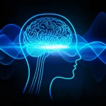 Immagine concettuale high-tech che mostra onde cerebrali digitali sovrapposte a una silhouette umana stilizzata, simboleggiando la fusione tra neurologia e tecnologia digitale. Illuminazione blu neon su sfondo scuro, alta definizione.