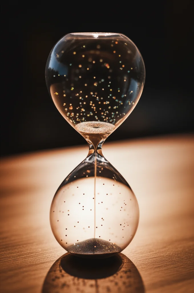 Immagine fotorealistica di una clessidra di vetro stilizzata posta su un tavolo di legno grezzo. All'interno, invece della sabbia, ci sono particelle luminose astratte che rappresentano interazioni sociali, alcune isolate, altre connesse, che fluiscono dalla parte superiore (contesto ampio) a quella inferiore (impatto ampio) attraverso la strettoia centrale (pensieri/emozioni). Obiettivo grandangolare (15mm) per catturare l'intera clessidra e parte dell'ambiente circostante leggermente sfocato, che suggerisce una comunità. Luce drammatica laterale, sharp focus sulla clessidra.