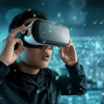 Immagine fotorealistica di una persona che indossa un visore VR (Head-Mounted Display), con un'espressione di stupore mentre osserva un ambiente virtuale che rappresenta vividamente l'inquinamento da particolato in una città. Le particelle di smog sono visualizzate come punti luminosi sospesi nell'aria. Obiettivo da ritratto 35mm, profondità di campo ridotta, illuminazione suggestiva con riflessi sulle lenti del visore.