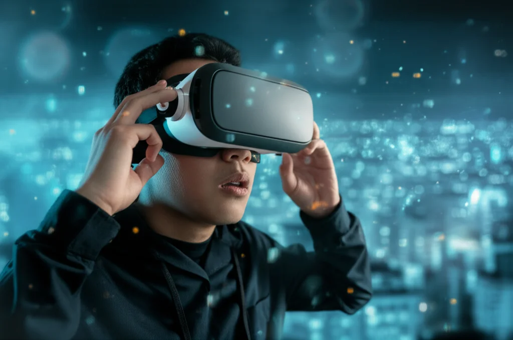 Immagine fotorealistica di una persona che indossa un visore VR (Head-Mounted Display), con un'espressione di stupore mentre osserva un ambiente virtuale che rappresenta vividamente l'inquinamento da particolato in una città. Le particelle di smog sono visualizzate come punti luminosi sospesi nell'aria. Obiettivo da ritratto 35mm, profondità di campo ridotta, illuminazione suggestiva con riflessi sulle lenti del visore.