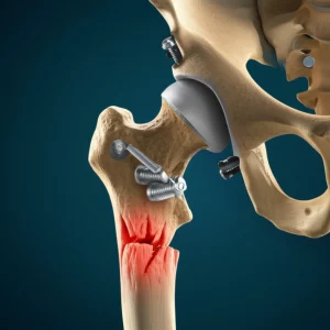 Photorealistic 3D rendering of a human femur bone model with a vertical femoral neck fracture, showing internal screw fixation, macro lens, 100mm, high detail, precise focusing.