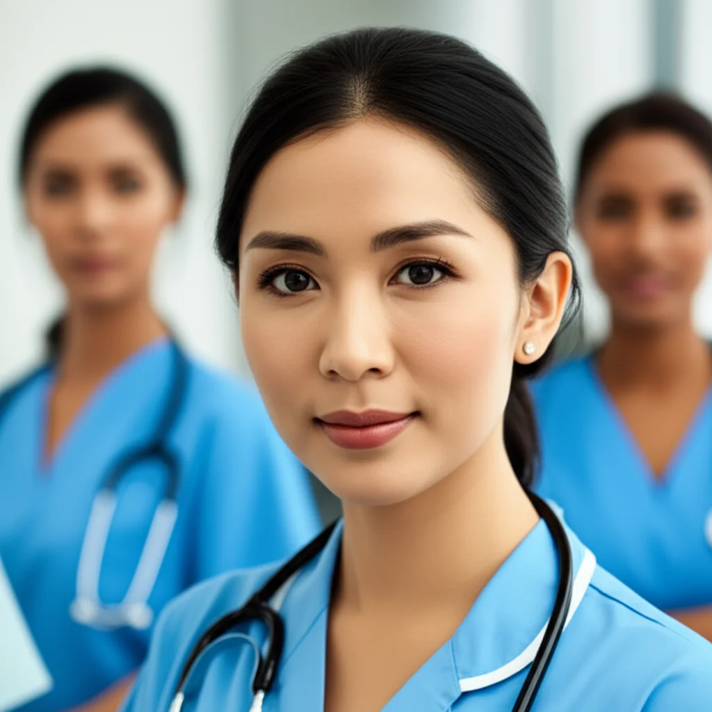 Photorealistic portrait of nurses from different cultural backgrounds, 35mm lens, depth of field, representing the comparative study of moral sensitivity and service behavior in China and Pakistan.