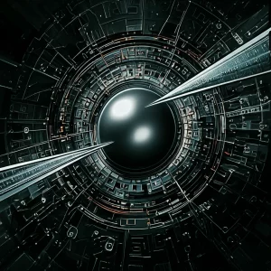 Rappresentazione artistica di onde sonore che interagiscono con una struttura quasi-periodica basata sulla sequenza di Thue-Morse, con alcune onde riflesse (banda proibita) e altre che passano attraverso specifici canali (picchi di trasmittanza). L'immagine dovrebbe avere un aspetto futuristico e high-tech, obiettivo prime 35mm, con un leggero effetto "film noir" per il contrasto e profondità di campo per mettere a fuoco la struttura centrale.