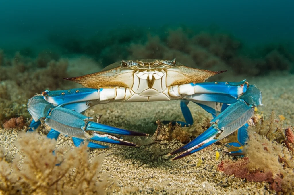 Un magnifico esemplare di granchio blu (Callinectes sapidus) vivo su un fondale marino sabbioso poco profondo delle Baleari, ripreso con obiettivo macro da 85mm, alta definizione che mostra i dettagli intricati del carapace e delle chele bluastre e rossastre, luce subacquea naturale filtrata che crea riflessi sull'acqua, focus preciso sull'animale in primo piano.