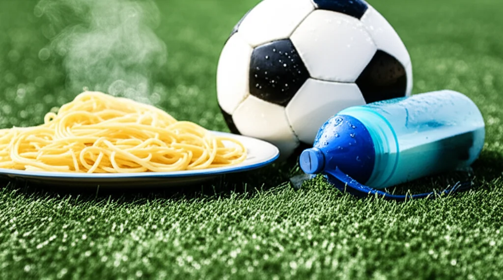 Un pallone da calcio al centro di un campo verde brillante, con accanto un piatto di pasta fumante e una borraccia sportiva, a simboleggiare l'importanza cruciale dei carboidrati per l'energia e la performance nel calcio. Macro lens, 100mm, high detail, precise focusing, controlled lighting, con goccioline d'acqua sul pallone per un effetto dinamico.