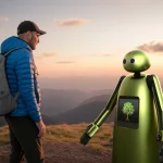 Un robot guida turistico dal design elegante e moderno, con finiture che richiamano materiali naturali come legno chiaro e metallo satinato verde oliva, interagisce con un turista in un paesaggio montano spettacolare al tramonto. Il robot ha uno schermo sul petto che mostra un'icona di un albero. Il turista, vestito con abbigliamento da trekking, ascolta con interesse. Wide-angle lens, 20mm, per catturare l'ampiezza del paesaggio e l'interazione, long exposure per nuvole soffici, sharp focus sui soggetti.
