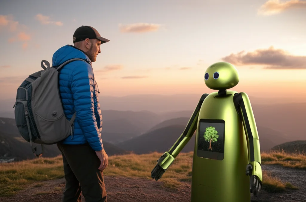 Un robot guida turistico dal design elegante e moderno, con finiture che richiamano materiali naturali come legno chiaro e metallo satinato verde oliva, interagisce con un turista in un paesaggio montano spettacolare al tramonto. Il robot ha uno schermo sul petto che mostra un'icona di un albero. Il turista, vestito con abbigliamento da trekking, ascolta con interesse. Wide-angle lens, 20mm, per catturare l'ampiezza del paesaggio e l'interazione, long exposure per nuvole soffici, sharp focus sui soggetti.
