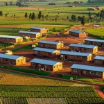 Vista aerea di un villaggio della riconciliazione in Ruanda, con case semplici disposte ordinatamente, campi coltivati circostanti e persone che interagiscono negli spazi comuni. Obiettivo grandangolare 20mm, luce del tardo pomeriggio che crea lunghe ombre, atmosfera di pace e operosità.